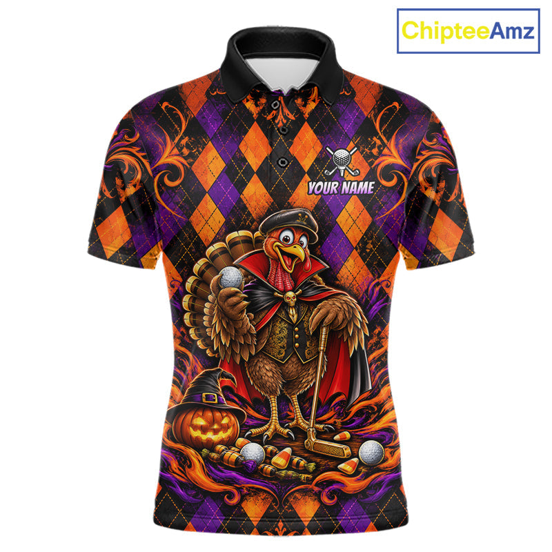 Custom Orange Purple Argyle Turkey Golf Polo Shirt Funny Thanksgiving Golf Team Jersey