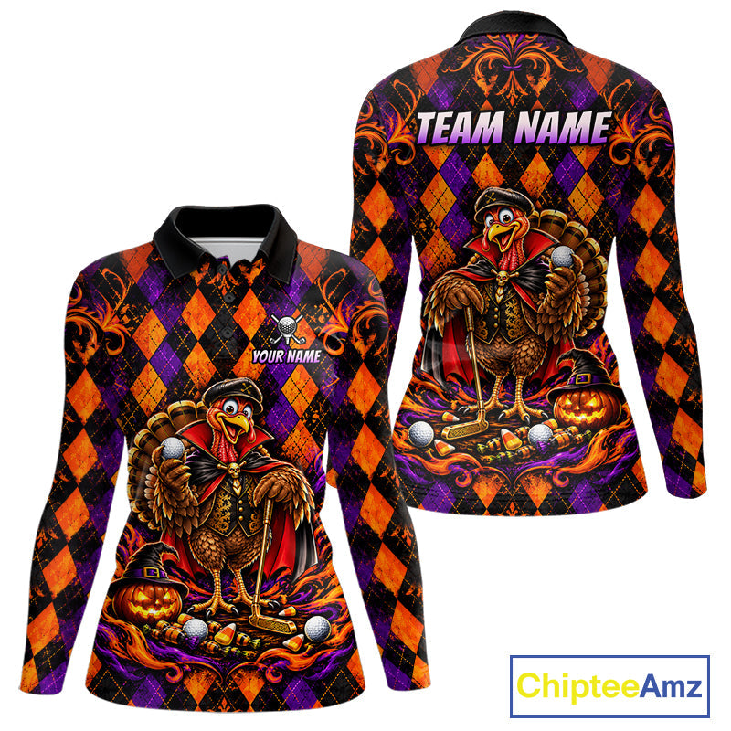 Custom Orange Purple Argyle Turkey Golf Polo Shirt Funny Thanksgiving Golf Team Jersey