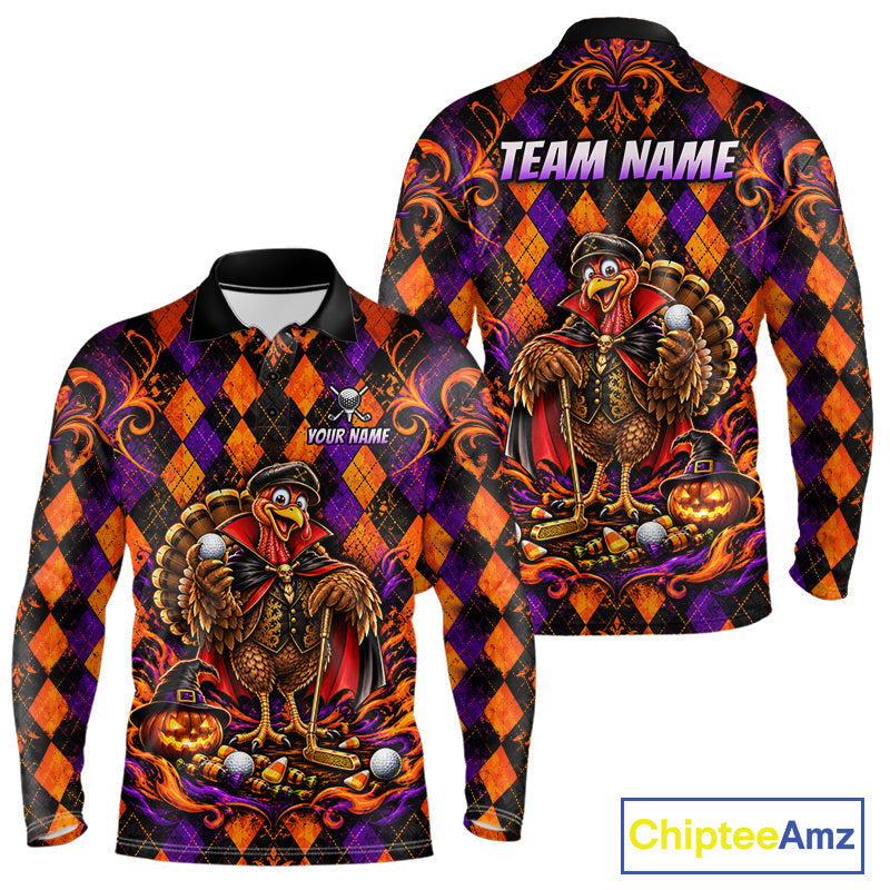 Custom Orange Purple Argyle Turkey Golf Polo Shirt Funny Thanksgiving Golf Team Jersey
