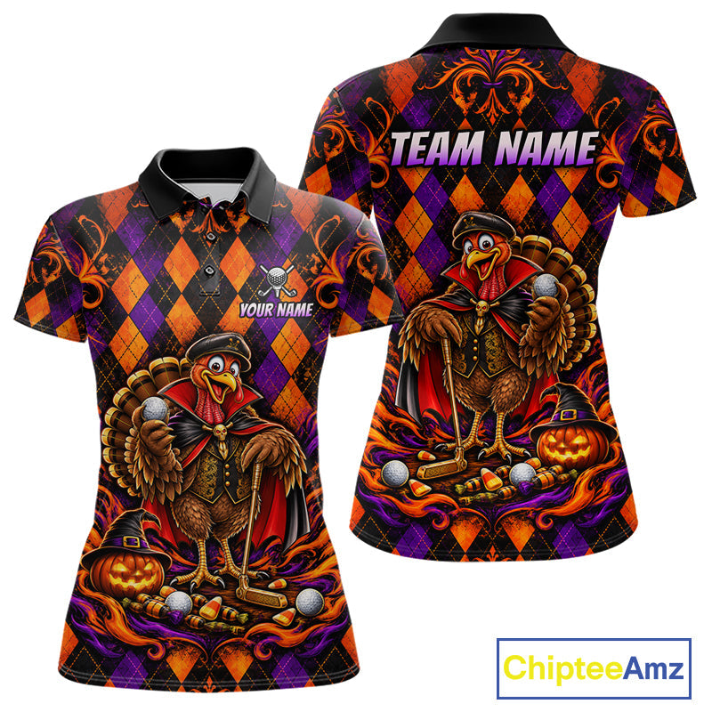 Custom Orange Purple Argyle Turkey Golf Polo Shirt Funny Thanksgiving Golf Team Jersey
