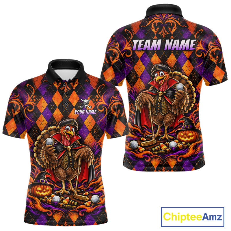 Custom Orange Purple Argyle Turkey Golf Polo Shirt Funny Thanksgiving Golf Team Jersey