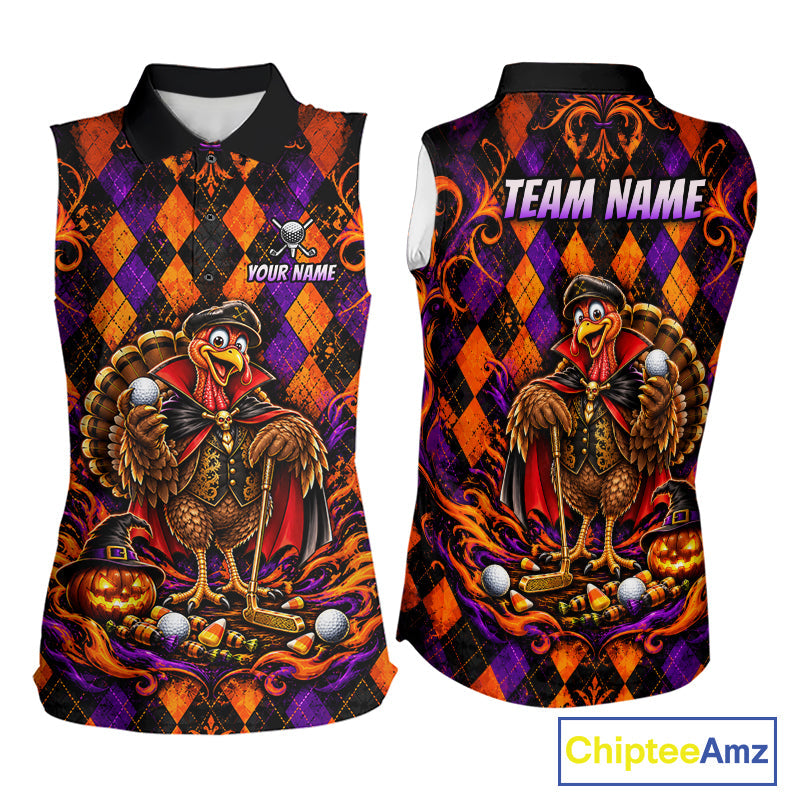 Custom Orange Purple Argyle Turkey Golf Sleeveless Polo Shirt Funny Thanksgiving Golf Team Jersey