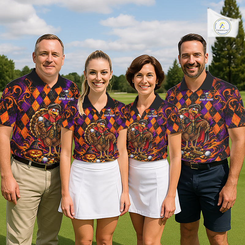 Custom Orange Purple Argyle Turkey Golf Polo Shirt Funny Thanksgiving Golf Team Jersey