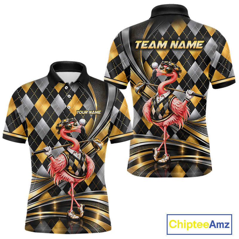Cool Flamingo Golfer Jersey Custom Black Gold Argyle Golf Polo Shirt Funny Golf Apparel