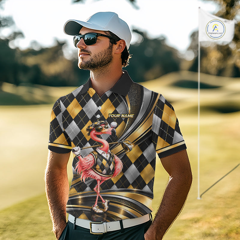 Cool Flamingo Golfer Jersey Custom Black Gold Argyle Golf Polo Shirt Funny Golf Apparel
