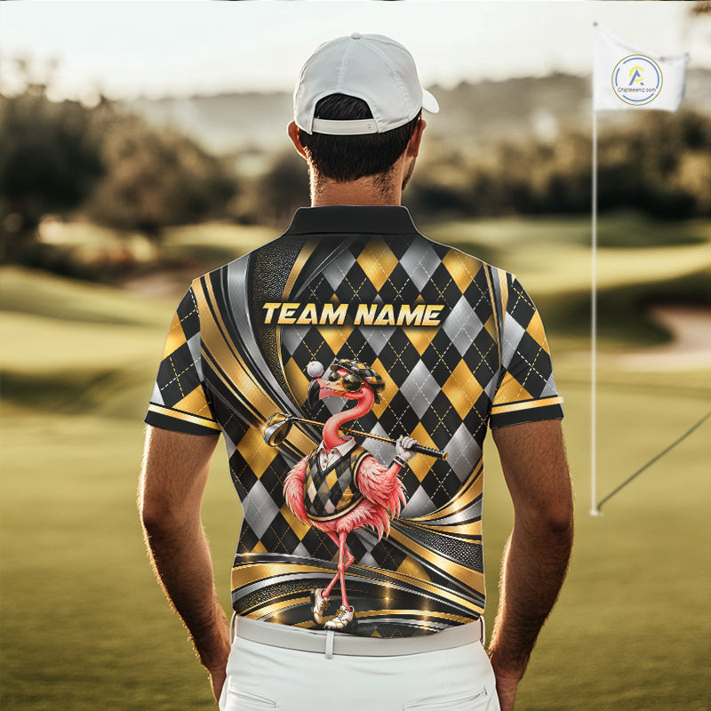 Cool Flamingo Golfer Jersey Custom Black Gold Argyle Golf Polo Shirt Funny Golf Apparel