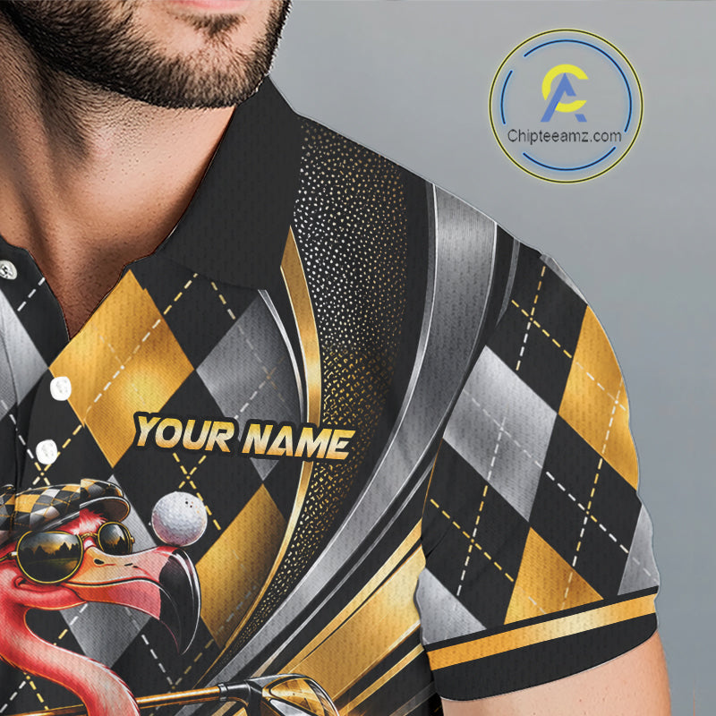 Cool Flamingo Golfer Jersey Custom Black Gold Argyle Golf Polo Shirt Funny Golf Apparel