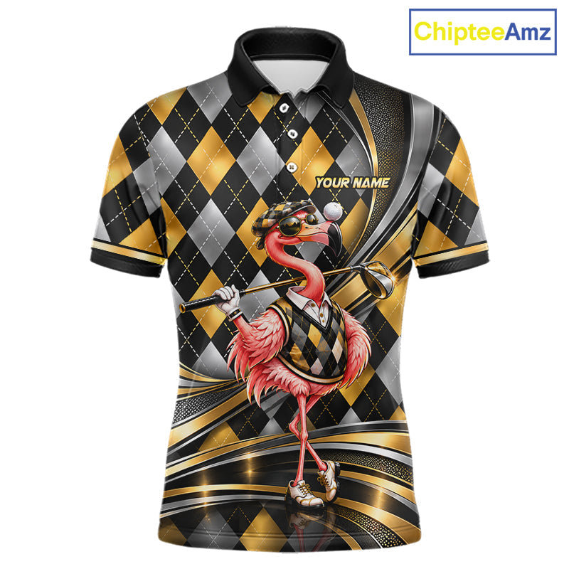 Cool Flamingo Golfer Jersey Custom Black Gold Argyle Golf Polo Shirt Funny Golf Apparel
