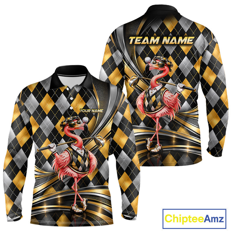 Cool Flamingo Golfer Jersey Custom Black Gold Argyle Golf Polo Shirt Funny Golf Apparel