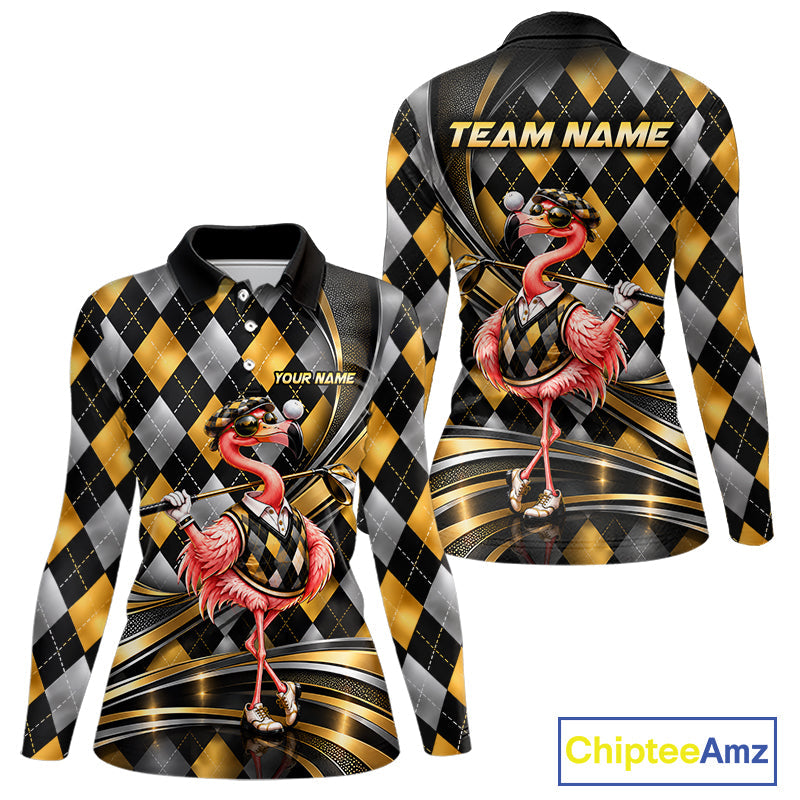 Cool Flamingo Golfer Jersey Custom Black Gold Argyle Golf Polo Shirt Funny Golf Apparel