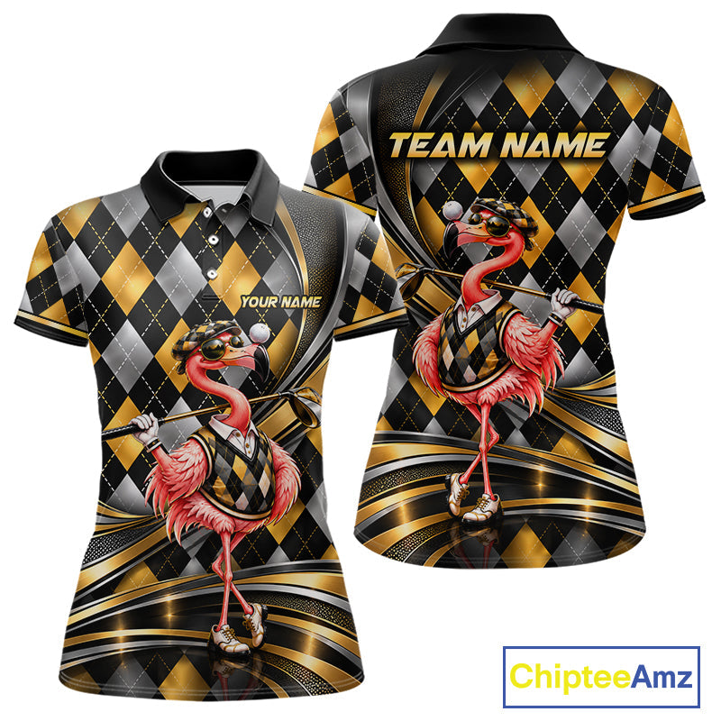 Cool Flamingo Golfer Jersey Custom Black Gold Argyle Golf Polo Shirt Funny Golf Apparel