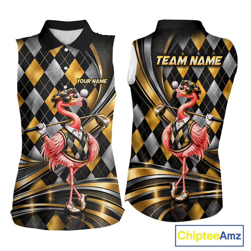Cool Flamingo Golfer Jersey Custom Black Gold Argyle Golf Sleeveless Polo Shirt Funny Golf Apparel