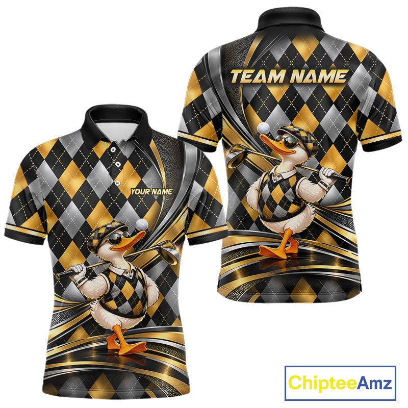 Cool Duck Golfer Jersey Custom Black Gold Argyle Golf Polo Shirt Funny Golf Apparel