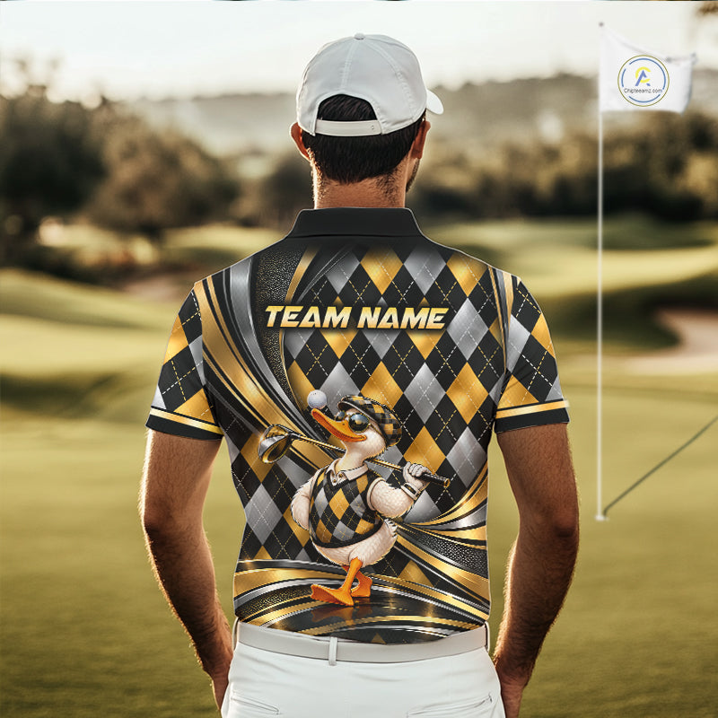 Cool Duck Golfer Jersey Custom Black Gold Argyle Golf Polo Shirt Funny Golf Apparel