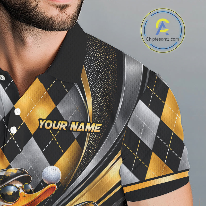 Cool Duck Golfer Jersey Custom Black Gold Argyle Golf Polo Shirt Funny Golf Apparel