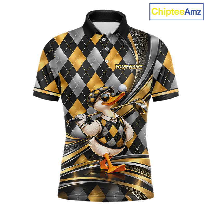 Cool Duck Golfer Jersey Custom Black Gold Argyle Golf Polo Shirt Funny Golf Apparel