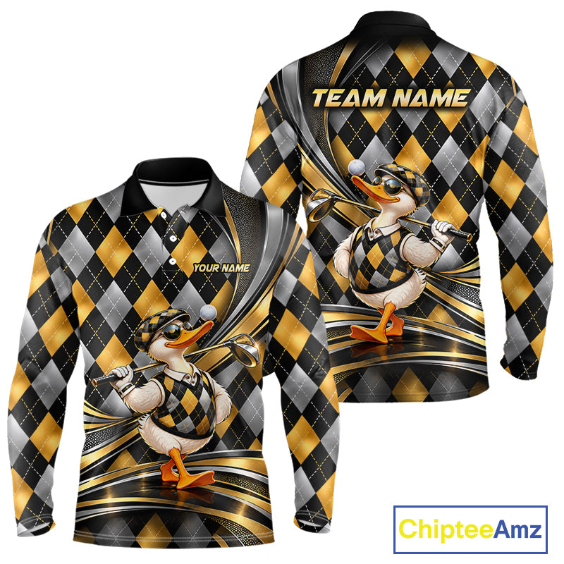 Cool Duck Golfer Jersey Custom Black Gold Argyle Golf Polo Shirt Funny Golf Apparel