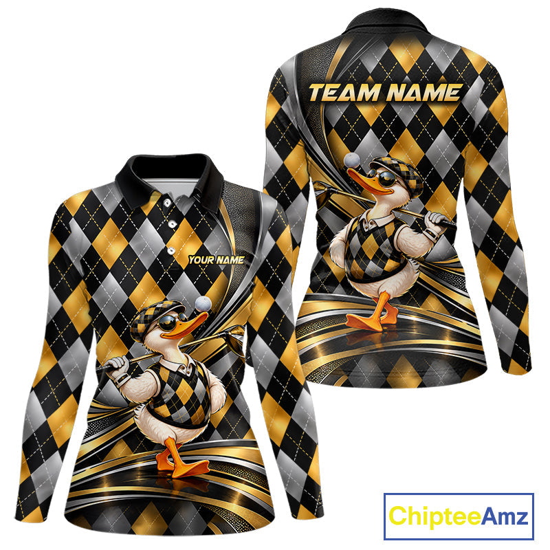 Cool Duck Golfer Jersey Custom Black Gold Argyle Golf Polo Shirt Funny Golf Apparel