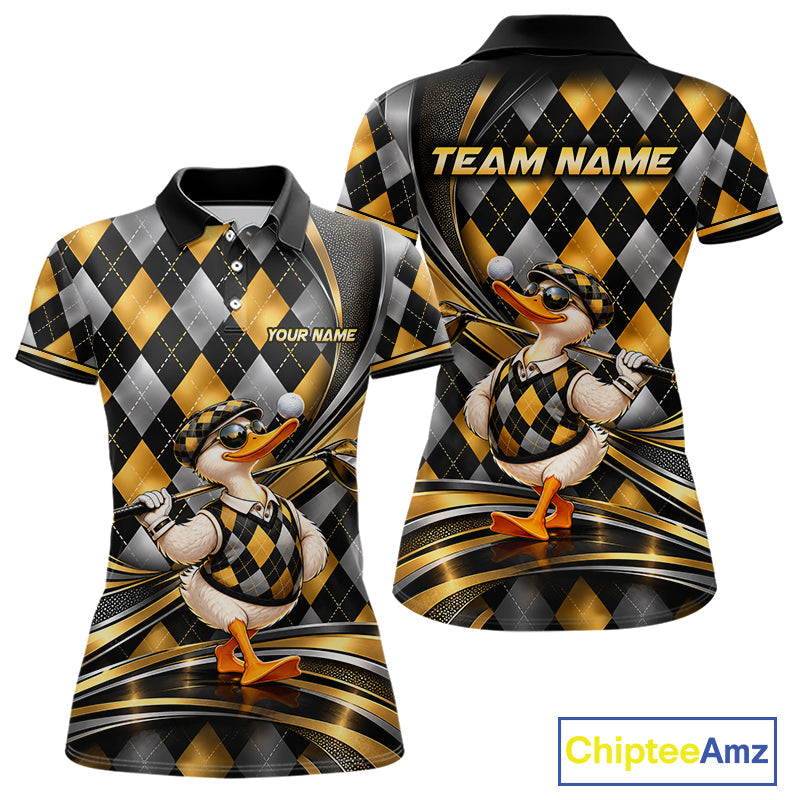 Cool Duck Golfer Jersey Custom Black Gold Argyle Golf Polo Shirt Funny Golf Apparel