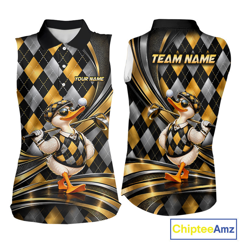 Cool Duck Golfer Jersey Custom Black Gold Argyle Golf Sleeveless Polo Shirt Funny Golf Apparel