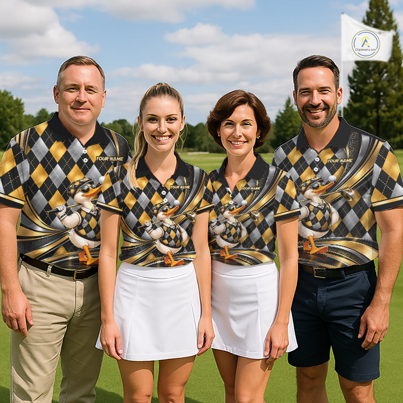 Cool Duck Golfer Jersey Custom Black Gold Argyle Golf Polo Shirt Funny Golf Apparel