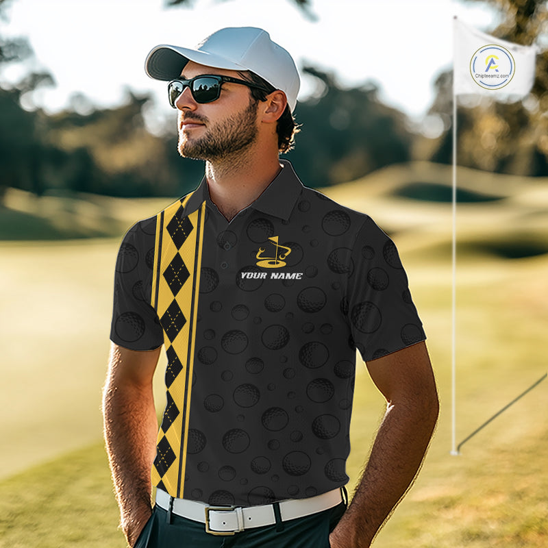 Yellow Argyle Golf Polo Shirt Custom Name Golf Shirt Golf Ball Argyle Golf Team Shirts