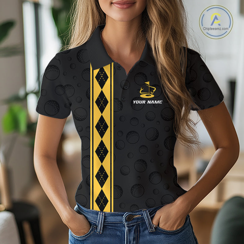 Yellow Argyle Golf Polo Shirt Custom Name Golf Shirt Golf Ball Argyle Golf Team Shirts