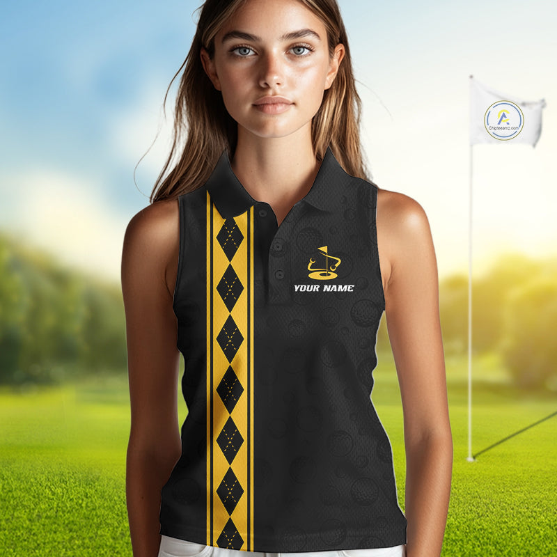 Yellow Argyle Golf Sleeveless Polo Shirt Custom Name Golf Shirt Golf Ball Argyle Golf Team Shirts