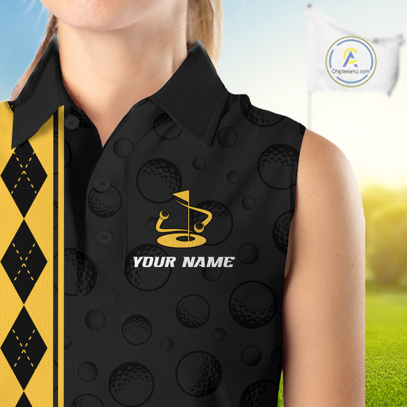 Yellow Argyle Golf Sleeveless Polo Shirt Custom Name Golf Shirt Golf Ball Argyle Golf Team Shirts