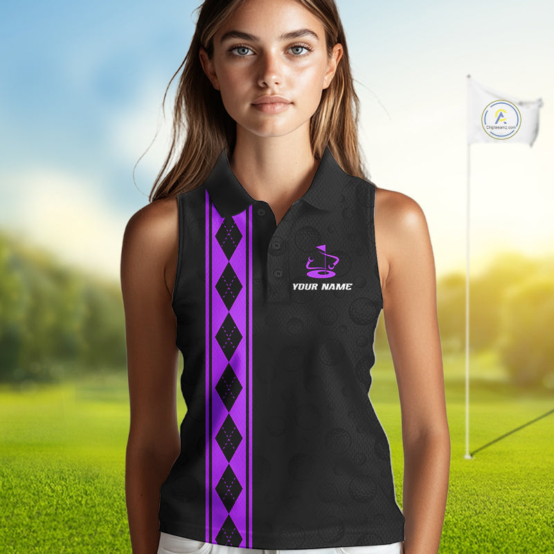 Purple Argyle Golf Sleeveless Polo Shirt Custom Name Golf Shirt Golf Ball Argyle Golf Team Shirts