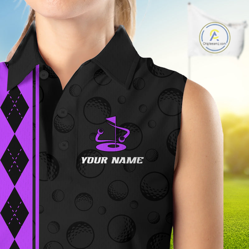 Purple Argyle Golf Sleeveless Polo Shirt Custom Name Golf Shirt Golf Ball Argyle Golf Team Shirts