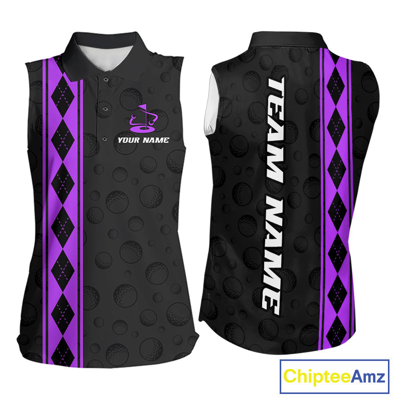 Purple Argyle Golf Sleeveless Polo Shirt Custom Name Golf Shirt Golf Ball Argyle Golf Team Shirts