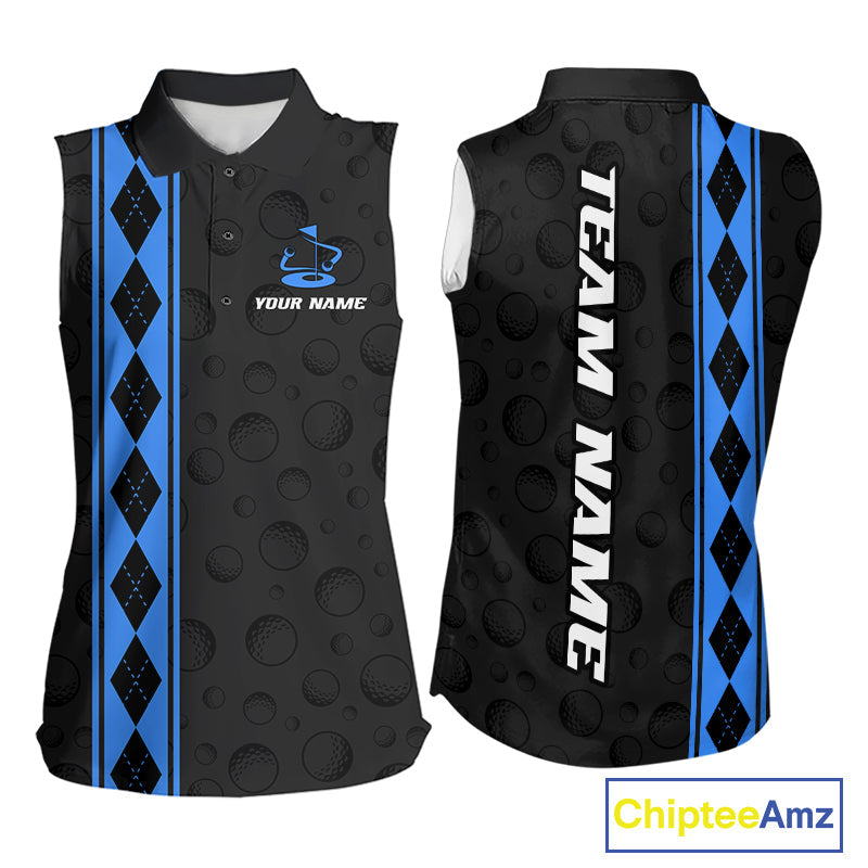 Blue Argyle Golf Sleeveless Polo Shirt Custom Name Golf Shirt Golf Ball Argyle Golf Team Shirts