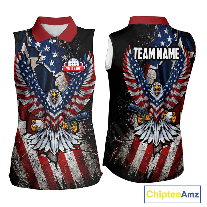 Gun Eagle Golf Sleeveless Polo Shirt Custom Texas Flag Golf Jersey US Flag Patriotic Golf Apparel