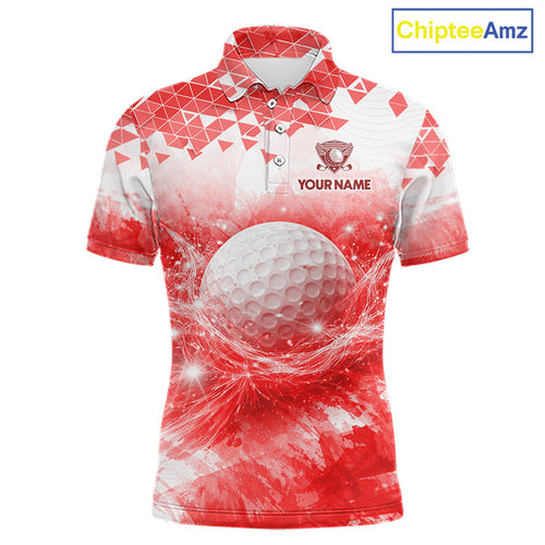 Red Golf Polo Shirt Custom Water Splash Pattern With Golf Ball, Team Golf Tops