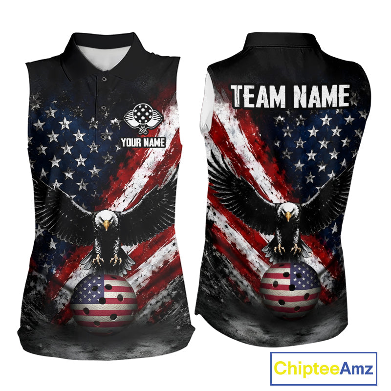 Vintage American Flag Patriotic Pickleball Sleeveless Polo Custom Eagle Pickleball Outfits