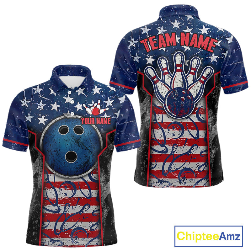 Grunge American Flag Bowling Polo & 1/4 Zip Shirts Custom Patriotic Team Bowling Jerseys