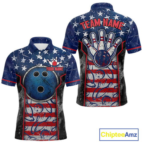 Grunge American Flag Bowling Polo & 1/4 Zip Shirts Custom Patriotic Team Bowling Jerseys