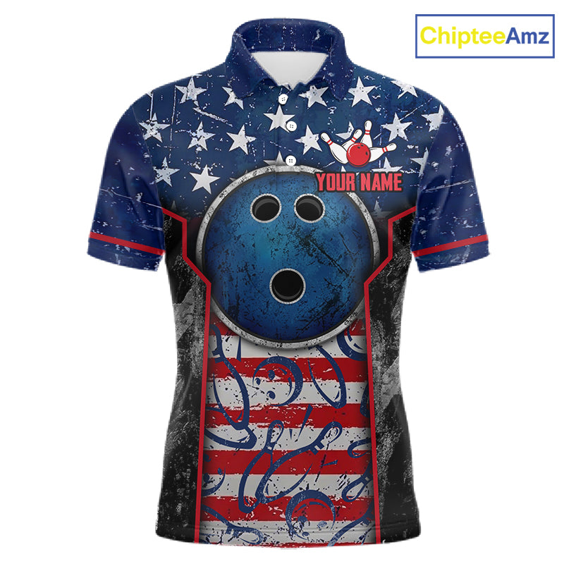 Grunge American Flag Bowling Polo & 1/4 Zip Shirts Custom Patriotic Team Bowling Jerseys