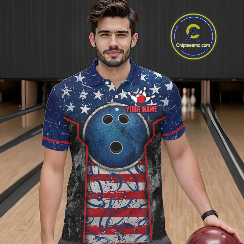 Grunge American Flag Bowling Polo & 1/4 Zip Shirts Custom Patriotic Team Bowling Jerseys