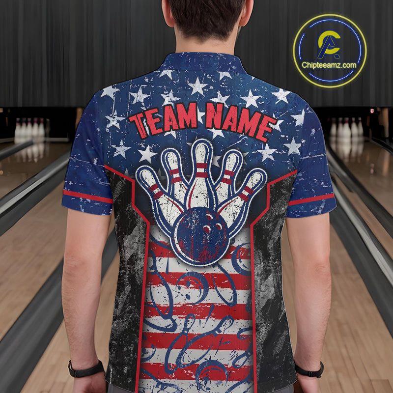 Grunge American Flag Bowling Polo & 1/4 Zip Shirts Custom Patriotic Team Bowling Jerseys