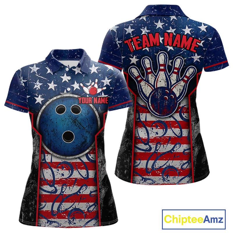 Grunge American Flag Bowling Polo & 1/4 Zip Shirts Custom Patriotic Team Bowling Jerseys