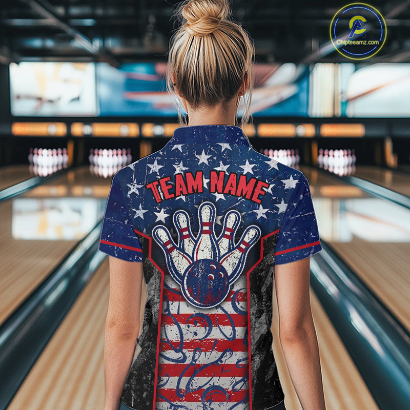 Grunge American Flag Bowling Polo & 1/4 Zip Shirts Custom Patriotic Team Bowling Jerseys