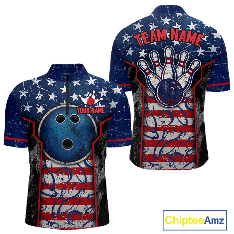 Grunge American Flag Bowling Polo & 1/4 Zip Shirts Custom Patriotic Team Bowling Jerseys