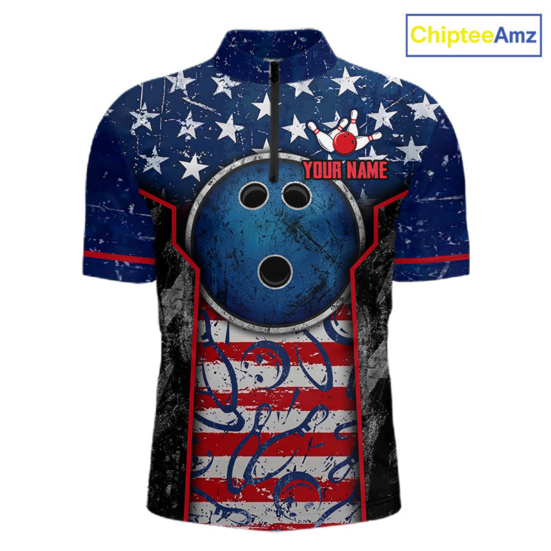 Grunge American Flag Bowling Polo & 1/4 Zip Shirts Custom Patriotic Team Bowling Jerseys