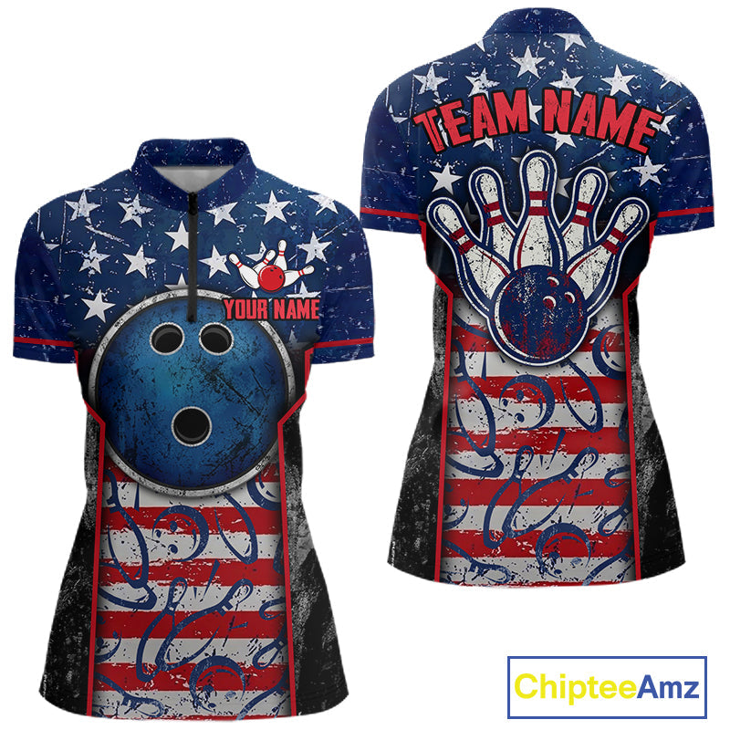 Grunge American Flag Bowling Polo & 1/4 Zip Shirts Custom Patriotic Team Bowling Jerseys