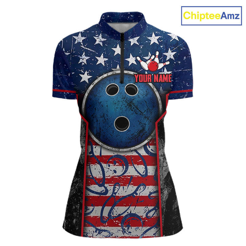 Grunge American Flag Bowling Polo & 1/4 Zip Shirts Custom Patriotic Team Bowling Jerseys