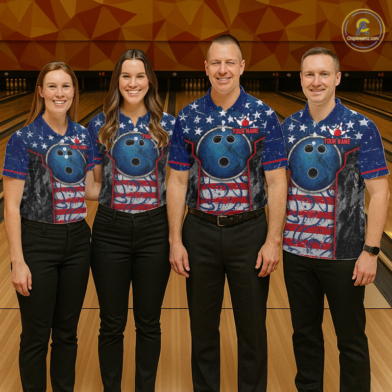 Grunge American Flag Bowling Polo & 1/4 Zip Shirts Custom Patriotic Team Bowling Jerseys