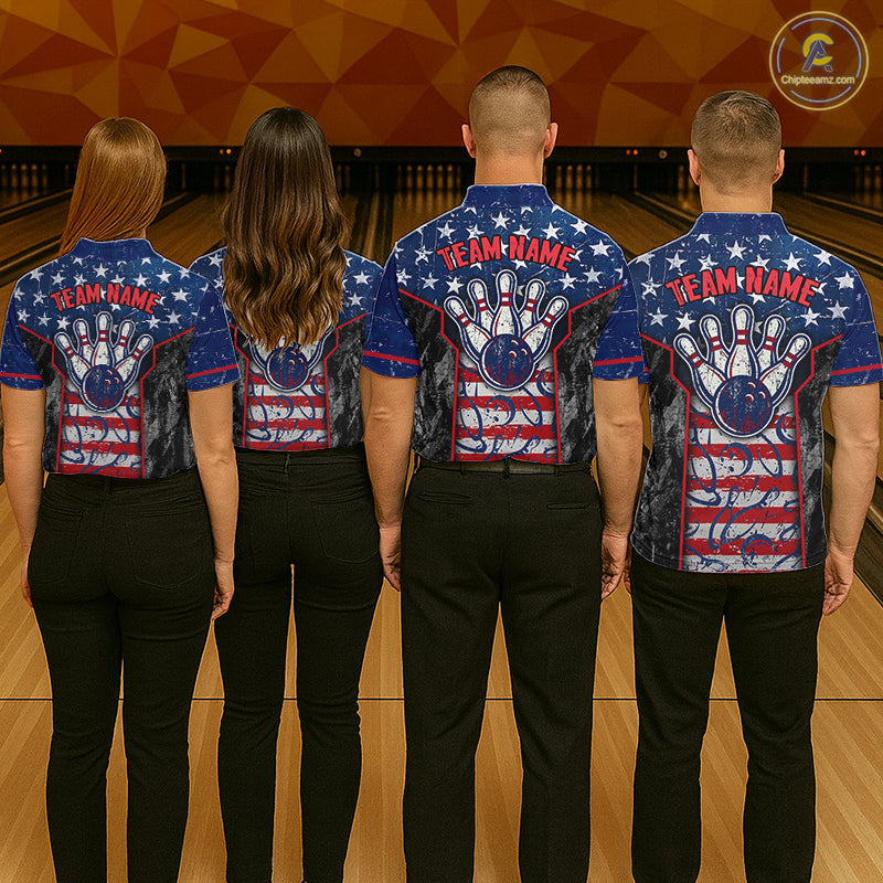 Grunge American Flag Bowling Polo & 1/4 Zip Shirts Custom Patriotic Team Bowling Jerseys