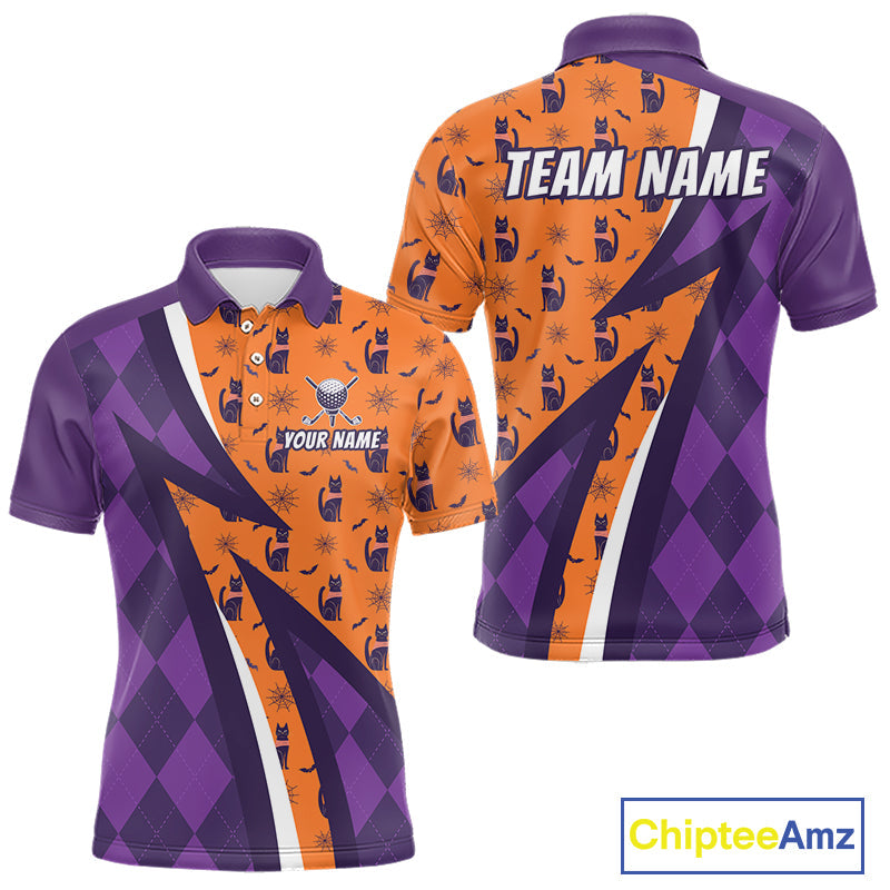 Cat Halloween Golf Polo Shirts Custom Name Purple Argyle Pattern Golf Team Attire